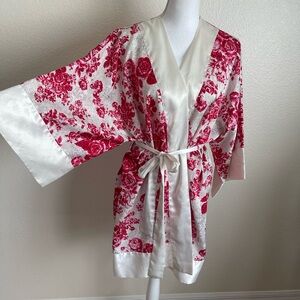 Victoria secret kimono robe vintage floral satin short belt pink flowers
